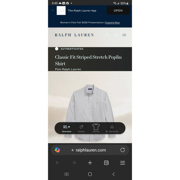 Polo Ralph Lauren Classic Fit Stretch Grey Striped Button Down Shirt LG 16 1/2 - Picture 3 of 11